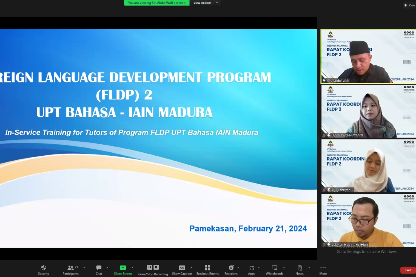 Optimalkan Persiapan FLDP 2, UPT Bahasa IAIN Madura GelarÂ Inservice Training & Rapat Koordinasi dengan Para Tutor FLDP